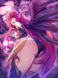 Rule 34 | 1girl, ass, breasts, demon girl, elbow gloves, fang, fingernails, fujirin, gloves, hair ornament, highres, horns, long hair, looking back, nail polish, open mouth, original, pointy ears, red eyes, red hair, smile, solo, thighhighs, wings