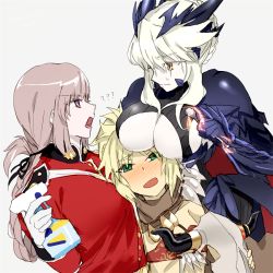 Rule 34 | 3girls, alternate costume, armor, artoria pendragon (all), artoria pendragon (fate), artoria pendragon (lancer alter) (fate), blonde hair, blush, bottle, braid, breast rest, breasts, breasts on head, cleavage, fate/apocrypha, fate/grand order, fate (series), florence nightingale (fate), french braid, girl sandwich, goya (xalbino), green eyes, hair ornament, horns, huge breasts, jewelry, large breasts, long hair, midriff, mordred (fate), mordred (fate/apocrypha), mordred (true samadhi fire) (fate), multiple girls, necklace, pauldrons, pink hair, ponytail, saber (fate), saber alter, sandwiched, shoulder armor, smile, spoon, spray bottle, underboob, yellow eyes, yuri