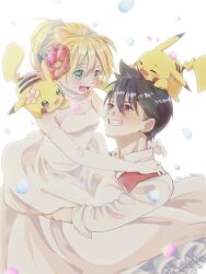 Rule 34 | 1boy, 1girl, bare shoulders, black hair, blonde hair, carrying, chuchu (pokemon), closed mouth, creatures (company), dress, elbow gloves, eye contact, falling petals, flower, game freak, gen 1 pokemon, gloves, hair flower, hair ornament, halter dress, halterneck, hand on another&#039;s neck, hat, unworn hat, unworn headwear, highres, layered dress, long hair, long sleeves, looking at another, natzu (koikoi820), nintendo, on head, on shoulder, pants, petals, pikachu, pokemon, pokemon (creature), pokemon adventures, pokemon on head, pokemon on shoulder, ponytail, red (pokemon), red eyes, red shirt, shirt, short hair, smile, spiked hair, twitter username, wedding dress, wing collar, yellow (pokemon), yellow eyes