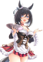 Rule 34 | 1girl, animal ears, black hair, black sleeves, blue eyes, breasts, cleavage, commentary request, cowboy shot, detached sleeves, eishin flash (umamusume), frilled skirt, frilled sleeves, frills, gatchapowa, hair between eyes, hands up, highres, holding, holding tray, horse ears, horse girl, horse tail, long sleeves, looking at viewer, medium breasts, open mouth, red skirt, simple background, skirt, solo, striped clothes, striped skirt, tail, tray, umamusume, vertical-striped clothes, vertical-striped skirt, white background, wide sleeves