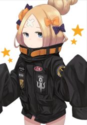 Rule 34 | 1girl, abigail williams (fate), abigail williams (traveling outfit) (fate), arashishi, black bow, black jacket, blonde hair, blue eyes, blush, bow, closed mouth, commentary request, crossed bandaids, fate/grand order, fate (series), hair bow, hair bun, hands up, jacket, key, long hair, long sleeves, looking at viewer, official alternate costume, orange bow, parted bangs, polka dot, polka dot bow, simple background, single hair bun, sleeves past fingers, sleeves past wrists, solo, star (symbol), white background