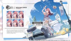 Rule 34 | 1girl, ahoge, arms up, azur lane, bird, blue sky, bouquet toss, breasts, bremerton (azur lane), bremerton (joyride of love) (azur lane), bridal veil, car, character name, chick, church, day, dress, english text, expressions, floating hair, flower, full body, garter straps, hair flower, hair intakes, hair ornament, high heels, jewelry, katsudansou, large breasts, long hair, looking at viewer, manjuu (azur lane), motor vehicle, multicolored hair, multiple views, official alternate costume, official art, one eye closed, outdoors, petals, pink eyes, pink hair, ribbon, ring, sky, standing, standing on one leg, streaked hair, striped, striped ribbon, veil, wedding dress, wedding ring, white dress
