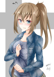 Rule 34 | 1girl, blue eyes, blue jacket, blush, breasts, brown hair, commentary request, dakkusu, dated, denim, denim jacket, flying sweatdrops, grey background, grey shirt, hair between eyes, jacket, long hair, long sleeves, looking at viewer, medium breasts, nose blush, open clothes, open jacket, original, parted lips, ponytail, shirt, sidelocks, signature, solo, two-tone background, white background