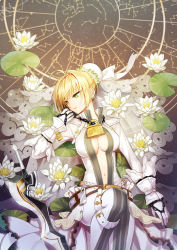 Rule 34 | 10s, 1girl, aestus estus, ahoge, bad id, bad pixiv id, belt, blonde hair, bodysuit, breasts, center opening, constellation, fate/extra, fate/extra ccc, fate (series), green eyes, lily pad, lock, navel, nero claudius (bride) (fate), nero claudius (fate), nero claudius (fate), padlock, solo, spoon 1122, sword, veil, weapon