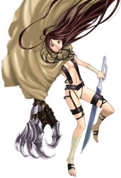 Rule 34 | 00s, 1girl, ankle wrap, bad id, bad pixiv id, bandages, barefoot, brown hair, cape, claws, coco (nattou), feet, legs, revealing clothes, sando, shin angyou onshi, solo, sword, toeless legwear, toes, weapon, wrist wrap
