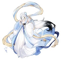 Rule 34 | 1girl, artist name, azur lane, bare shoulders, black hair, blue dress, breasts, chinese clothes, cleavage, closed eyes, closed mouth, dress, flower, full body, gradient hair, hai tien (azur lane), hai tien (verse-weaver at the water&#039;s edge) (azur lane), hair flower, hair ornament, highres, holding, holding scroll, long dress, long hair, long sleeves, medium breasts, multicolored hair, official alternate costume, scroll, shoes, simple background, sleeves past fingers, sleeves past wrists, smile, solo, two-tone hair, very long hair, vilor, white background, white dress, white flower, white hair, wide sleeves