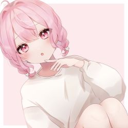 Rule 34 | 1girl, blush, hair ornament, highres, indie utaite, long sleeves, looking at viewer, niconico, nqrse, open mouth, piinachu, pink background, pink eyes, pink hair, shirt, short hair, simple background, solo, utaite, white background, white shirt