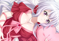 Rule 34 | 1girl, blush, breasts, cleavage, closed mouth, dress, hair ornament, hair ribbon, jewelry, large breasts, long hair, looking to the side, lying, miyumitu rsm, necklace, on back, pillow, pillow grab, pout, purple eyes, red dress, ribbon, senki zesshou symphogear, solo, white hair, yukine chris