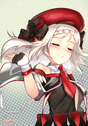 Rule 34 | 1girl, absurdres, bare shoulders, beret, black dress, black gloves, blush, bow, braid, closed eyes, closed mouth, commentary, dated, dress, fingerless gloves, forehead, girls&#039; frontline, gloves, hair bow, hand on own hip, hand up, hat, highres, leonat, long hair, mod3 (girls&#039; frontline), mp5 (girls&#039; frontline), mp5 (mod3) (girls&#039; frontline), necktie, pleated dress, red hat, red necktie, see-through, signature, smile, solo, two-tone gloves, white gloves, white hair