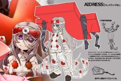 Rule 34 | 1girl, aidress (t.a.k.), bandaged arm, bandages, character name, cross, doll joints, eyepatch, garter straps, joints, long hair, multiple views, original, purple eyes, red cross, smile, symbol-shaped pupils, t.a.k., translation request, very long hair, white legwear