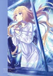 Rule 34 | 1girl, absurdres, blonde hair, detached sleeves, fate/grand order, fate (series), fingernails, frills, hands up, highres, indoors, jeanne d&#039;arc (fate), long hair, long sleeves, morikura en, night, night sky, nightgown, own hands together, parted lips, purple eyes, reflection, scan, sky, solo, star (sky), white nightgown, window