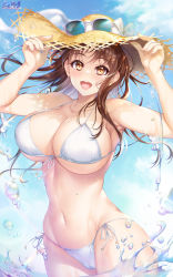 Rule 34 | 1girl, :d, bikini, blue sky, breasts, brown eyes, brown hair, cameltoe, cleavage, cloud, collarbone, commentary request, day, eyewear on head, hat, hat ribbon, highres, hoshina tomoko, hozumi kaoru, large breasts, long hair, looking at viewer, open mouth, outdoors, ribbon, side-tie bikini bottom, sidelocks, sky, smile, solo, stomach, straw hat, sun hat, sunglasses, swimsuit, teeth, thighs, to heart, to heart (series), underboob, upper teeth only, wading, water drop, watermark, white bikini