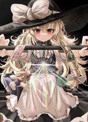 Rule 34 | 1girl, absurdres, apron, banknote, black background, black hat, blonde hair, bow, braid, closed mouth, commentary, doll, english commentary, hat, hat bow, highres, holding, kirisame marisa, long hair, looking at viewer, mini-hakkero, money, ofuda, ougiikun, red eyes, shanghai doll, side braid, simple background, single braid, smile, solo, star (symbol), star in eye, symbol in eye, touhou, waist apron, white apron, white bow
