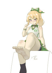 Rule 34 | 1girl, barefoot, blonde hair, blush, bow, chloe (princess connect!), feet, hair bow, twirling hair, highres, long hair, parted lips, pointy ears, ponytail, princess connect!, purple eyes, single sock, sitting, socks, soles, sweat, toes