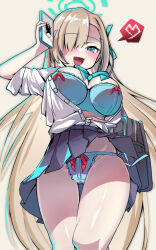 Rule 34 | 1girl, :d, asuna (blue archive), blonde hair, blue archive, blue bra, blue eyes, blue panties, blue skirt, blush, bra, green halo, hair over one eye, halo, long hair, looking at viewer, open mouth, panties, pleated skirt, shirt, skirt, smile, solo, teeth, underwear, upper teeth only, very long hair, white shirt, yuacalo