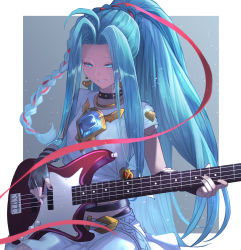 Rule 34 | 1girl, ahoge, bass guitar, blue eyes, blue hair, braid, chest jewel, choker, earrings, fingerless gloves, gloves, granblue fantasy, guitar, highres, instrument, jewelry, lyria (born to be snowdos) (granblue fantasy), lyria (granblue fantasy), music, nail polish, playing instrument, ponytail, sitting, skymax, solo