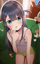 Rule 34 | 1boy, 1girl, black hair, blue eyes, blush, body writing, camisole, chair, facial mark, finger to mouth, green shorts, hair ornament, hairclip, heart, highres, long hair, looking at viewer, marker, motto notto, one side up, original, pov, short shorts, shorts, sitting, solo focus, whisker markings