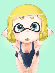 Rule 34 | 1girl, aqua background, blue eyes, breasts, domino mask, dondoruma, downblouse, extended downblouse, female focus, inkling player character, leaning forward, looking at viewer, mask, nintendo, no bra, open mouth, pointy ears, short shorts, shorts, simple background, small breasts, solo, splatoon (series)