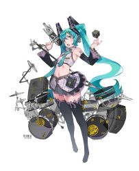 Rule 34 | 1girl, absurdres, aqua eyes, aqua hair, aqua necktie, bare shoulders, black sleeves, black thighhighs, commentary, crop top, cymbals, detached sleeves, drum, drum set, floating, full body, grey shirt, hair ornament, hands up, hatsune miku, headphones, highres, holding, holding microphone, instrument, liren44, long hair, microphone, microphone stand, midriff, miniskirt, navel, necktie, open mouth, pleated skirt, see-through, shirt, shoulder tattoo, skirt, solo, speaker, standing, tattoo, thick eyebrows, thighhighs, twintails, very long hair, vocaloid, white background, zettai ryouiki