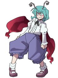 Rule 34 | 1girl, :d, absurdres, antennae, blue pants, brown footwear, cape, commentary, eddybird55555, english commentary, full body, green eyes, green hair, highres, juliet sleeves, long sleeves, looking to the side, open mouth, pants, puffy sleeves, red cape, shirt, short hair, simple background, smile, socks, solo, touhou, white background, white shirt, white socks, wriggle nightbug