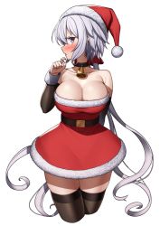 Rule 34 | 1girl, bare shoulders, bell, black thighhighs, blush, breasts, christmas, cleavage, collar, collarbone, commentary request, hair ornament, hair ribbon, hat, large breasts, long hair, looking at viewer, looking to the side, neck bell, open mouth, purple eyes, ribbon, santa costume, santa hat, senki zesshou symphogear, simple background, solo, thighhighs, tsukamoto kensuke, white background, white hair, yukine chris