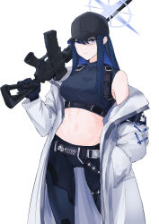Rule 34 | 1girl, absurdres, bare shoulders, baseball cap, belt, black belt, black hat, black pants, black shirt, blue archive, blue hair, breasts, coat, commentary request, cowboy shot, crop top, gun, hair between eyes, hat, highres, holding, holding gun, holding weapon, large breasts, leggings, long hair, long sleeves, looking at viewer, midriff, n.e., navel, off shoulder, open clothes, open coat, pants, purple eyes, rifle, saori (blue archive), shirt, simple background, sleeveless, sleeveless shirt, solo, standing, stomach, thighs, weapon, white background, white coat