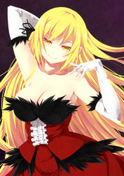 Rule 34 | 1girl, arm up, armpits, bare shoulders, black background, blonde hair, breasts, center frills, cleavage, cowboy shot, dress, elbow gloves, fang, fang out, frills, gloves, head tilt, kiss-shot acerola-orion heart-under-blade, kouji (campus life), large breasts, long hair, looking at viewer, monogatari (series), oshino shinobu, pointy ears, simple background, smile, solo, standing, very long hair, white gloves, yellow eyes