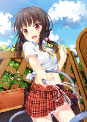 Rule 34 | 1girl, :d, blue sky, brown hair, cloud, collared shirt, cowboy shot, day, dutch angle, highres, hose, long hair, low twintails, midriff, navel, open mouth, original, outdoors, plaid, plaid skirt, pleated skirt, red eyes, school uniform, see-through, shiratori senri, shirt, short sleeves, short twintails, skirt, sky, smile, solo, tied shirt, twintails, water, wet, wet clothes, wet shirt, yuuri nayuta