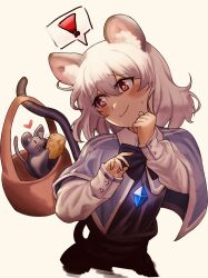 Rule 34 | !, + +, 1girl, animal ears, basket, blue capelet, blush, capelet, cheese, closed mouth, commentary, food, grey hair, heart, highres, jewelry, long sleeves, looking at another, mouse (animal), mouse ears, mouse girl, mouse tail, nazrin, pendant, red eyes, short hair, simple background, smile, spoken exclamation mark, sweatdrop, tail, touhou, turtle-kun, upper body, yellow background
