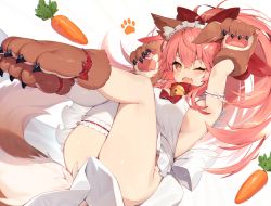 Rule 34 | 1girl, animal ear fluff, animal ears, animal hands, apron, bell, blush, breasts, cat hair ornament, collar, fangs, fate/extra, fate/grand order, fate (series), fox ears, fox girl, fox tail, gloves, hair ornament, jingle bell, large breasts, long hair, looking at viewer, muryotaro, naked apron, neck bell, paw gloves, paw shoes, pink hair, revision, shoes, simple background, smile, solo, tail, tamamo (fate), tamamo cat (fate)