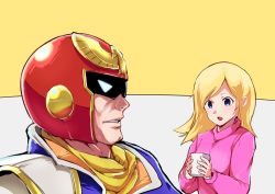 Rule 34 | 1boy, 1girl, blonde hair, blue eyes, captain falcon, cleft chin, commentary, cup, f-zero, helmet, hirotaka (hrtk990203), holding, holding cup, nintendo, simple background, super smash bros., sweater, visor