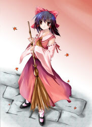 Rule 34 | 1girl, ascot, autumn, bad anatomy, bamboo broom, black hair, bow, broom, detached sleeves, dutch angle, female focus, from above, hakurei reimu, large bow, leaf, looking away, mary janes, poorly drawn, shoes, skirt, skirt set, solo, stone, sweeping, touhou, vest, white legwear, wide sleeves