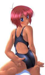 Rule 34 | 1girl, adjusting clothes, adjusting swimsuit, ass, back, blue eyes, blush, competition swimsuit, from behind, ishii akira, kneeling, looking back, one-piece swimsuit, one-piece tan, red hair, short hair, solo, swimsuit, tan, tanline