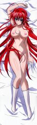 Rule 34 | 10s, 1girl, absurdres, ahoge, arm up, artist request, bed sheet, blue eyes, breasts, censored, completely nude, convenient censoring, covering crotch, covering privates, dakimakura (medium), from above, frontal shot, full body, high school dxd, highres, huge ahoge, huge filesize, legs, long hair, long image, looking at viewer, lying, navel, nipples, nude, official art, on back, red hair, rias gremory, sheet grab, socks, solo, tall image, topless, white socks