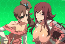 Rule 34 | 2girls, age difference, akana rui, bad id, bad pixiv id, bare shoulders, blush, breasts, brown hair, bug, butterfly, butterfly hair ornament, choker, chousoku henkei gyrozetter, female focus, flat chest, frills, green background, green eyes, hair ornament, hand on own hip, hexagon, honeycomb (pattern), honeycomb background, honeycomb pattern, huge breasts, inaba rinne, insect, jaga note, long hair, looking at viewer, multiple girls, nipples, off shoulder, open clothes, open shirt, puffy nipples, red hair, shiny skin, shirt, side ponytail, smile, sweat, topless