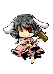 Rule 34 | 1girl, animal ears, black hair, bloomers, rabbit ears, carrot, chibi, female focus, full body, hammer, inaba tewi, kine, mallet, one eye closed, red eyes, socha, solo, touhou, transparent background, underwear, wink