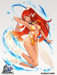 Rule 34 | 1girl, :d, armpits, bikini tan, blue eyes, copyright name, fins, full body, goggles, goggles around neck, gradient hair, head fins, long hair, looking at viewer, multicolored hair, navel, official art, open mouth, orange hair, red hair, see-through, smile, solo, swimsuit, tan, tanline, the caster chronicles, very long hair, water, watermark, yuko (uc yuk)