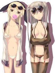 Rule 34 | 10s, 2girls, amatsukaze (kancolle), armadillo-tokage, bad id, bad twitter id, bikini, black legwear, breasts, brown dress, brown eyes, blowing bubbles, collarbone, cowboy shot, dress, garter straps, groin, hairband, kantai collection, long hair, long sleeves, looking at viewer, midriff, multiple girls, open clothes, parted lips, sailor dress, shimakaze (kancolle), short dress, silver hair, sleeves past wrists, small breasts, sunglasses, swimsuit, thighhighs, thighs, two side up, white bikini