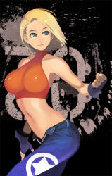 Rule 34 | 1girl, bare shoulders, belt, blonde hair, blue eyes, blue mary, breasts, clenched hand, denim, fatal fury, fingerless gloves, gloves, halterneck, jeans, large breasts, navel, open fly, pants, parted bangs, short hair, smile, solo, star (symbol), steward b, swept bangs, the king of fighters, unzipped