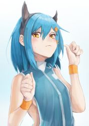 Rule 34 | 1girl, animal ears, backless outfit, bad id, bad pixiv id, bare shoulders, bird hair ornament, black hairband, blue hair, blush, borrowed character, breasts, cat ears, closed mouth, fake animal ears, hair between eyes, hair ornament, hair tie, hairband, hairclip, hands up, looking at viewer, orange eyes, original, porta (guruten11), revealing clothes, short hair, sideboob, sidelocks, sleeveless, small breasts, solo, sweat, tourou (lanterngleam), tourou (pixiv20874520), turtleneck, upper body, wristband