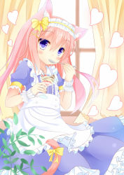 Rule 34 | 1girl, animal ears, blue eyes, blush, bow, cat ears, cat tail, cherry, food, fruit, hair bow, heart, holding, ice cream, looking at viewer, maid, orange hair, original, pink hair, short sleeves, solo, spoon, tail, umi suzume, utensil in mouth, window, yellow bow