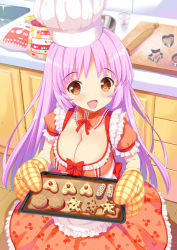 Rule 34 | 1girl, baking sheet, breasts, brown eyes, chef hat, cherry print, cleavage, cookie, detached collar, food, food print, frills, hat, katsuo, large breasts, long hair, looking at viewer, mixing bowl, open mouth, original, oven mitts, pink hair, raised eyebrows, sabano niwatori, smile