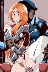 Rule 34 | 1girl, 3boys, bdsm, bleach, bondage, bound, bound wrists, breasts, censored, clothed sex, cum, cum in pussy, dark-skinned male, dark skin, group sex, hetero, highres, inoue orihime, maxi, mosaic censoring, multiple boys, orange hair, panties, panties around leg, penis, pink panties, police, pussy, school uniform, sex, text focus, underwear, vaginal