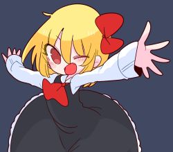 Rule 34 | 1girl, ascot, black dress, blonde hair, collared shirt, dress, grey background, hair ribbon, highres, one eye closed, op na yarou, outstretched arms, pinafore dress, red ascot, red eyes, red ribbon, ribbon, rumia, shirt, short hair, simple background, sleeveless dress, smile, solo, spread arms, touhou, white shirt