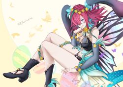 Rule 34 | 1girl, animal ears, bare shoulders, boots, breasts, butterfly wings, detached sleeves, facial mark, fairy, fairy wings, fake animal ears, fire emblem, fire emblem heroes, flower, foot out of frame, frilled skirt, frills, hair flower, hair ornament, hair over one eye, head on hand, high heel boots, high heels, insect wings, legs, looking at viewer, medium breasts, midriff, nintendo, plant, plant hair, rabbit ears, shoochiku bai, short hair, sitting, skirt, smile, solo, thighs, triandra (fire emblem), triandra (spring) (fire emblem), vines, watermark, wings