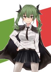 Rule 34 | 10s, 1girl, absurdres, anchovy (girls und panzer), anzio school uniform, arm behind back, belt, black footwear, black necktie, black ribbon, black skirt, brown eyes, cape, closed mouth, cowboy shot, dress shirt, drill hair, flag background, girls und panzer, green hair, hair ribbon, hand on own hip, highres, hoshimiya nazuna, italian flag, loafers, long hair, long sleeves, looking at viewer, miniskirt, necktie, pantyhose, pleated skirt, ribbon, school uniform, shirt, shoes, skirt, smile, solo, standing, twin drills, twintails, white pantyhose, white shirt