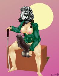Rule 34 | 1girl, 2019, animal penis, bobawob, bottomless, breasts, breasts out, corey (hotline miami 2), erection, functionally nude, futanari, highres, horse penis, hotline miami, hotline miami 2, huge penis, mask, masked, masked female, medium breasts, nipples, penis, solo, spread legs, testicles