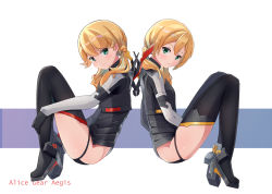 Rule 34 | 2girls, alice gear aegis, back-to-back, black footwear, black gloves, blonde hair, blush, boots, closed mouth, commentary request, copyright name, english text, flipped hair, from side, full body, gloves, high heels, highres, kotomura akane, kotomura amane, long hair, looking at viewer, low twintails, multiple girls, nraib, sitting, smile, thigh boots, thighhighs, twintails, white background