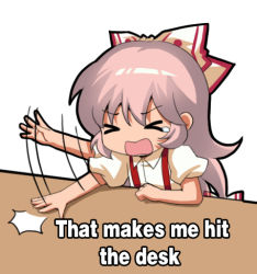 Rule 34 | &gt; &lt;, 1girl, angry, bow, closed eyes, commentary request, english text, fujiwara no mokou, hair between eyes, hair bow, jokanhiyou, lowres, meme, motion lines, open mouth, pink hair, puffy short sleeves, puffy sleeves, shirt, short sleeves, simple background, solo, suspenders, table, tears, touhou, upper body, v-shaped eyebrows, white background, white bow, white shirt, wooden table