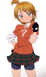 Rule 34 | 00s, 1girl, alternate hairstyle, bike shorts, black gloves, blush, brown eyes, brown hair, clenched hand, fingerless gloves, futari wa precure, gloves, hair ornament, hand on own hip, heart, heart hair ornament, looking at viewer, misumi nagisa, multicolored clothes, multicolored skirt, oimanji, plaid, plaid skirt, precure, short hair, sketch, skirt, smile, solo